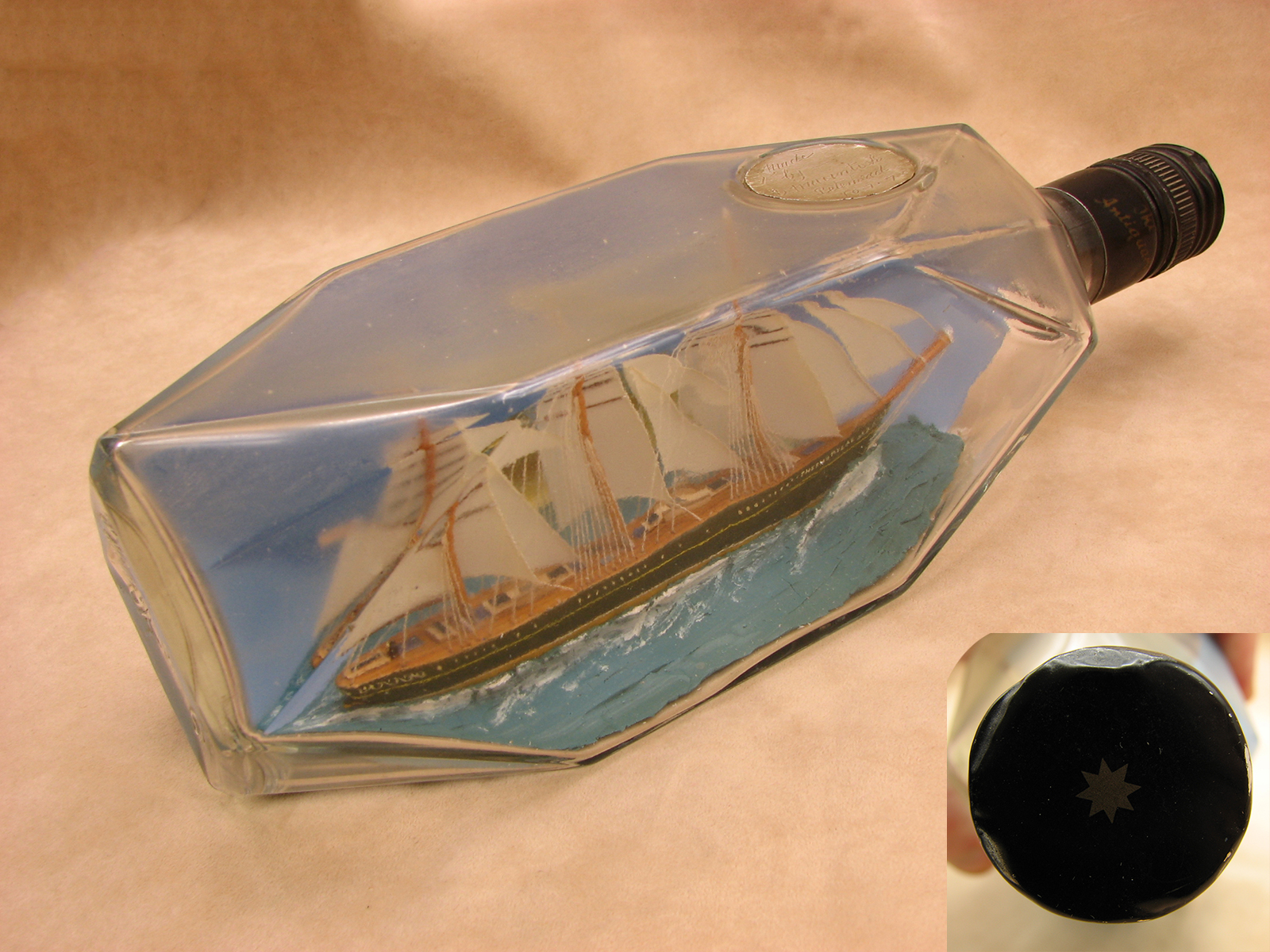 Impressive model of the Thermopylae tea clipper ship in 1970's Antiquery whisky bottle